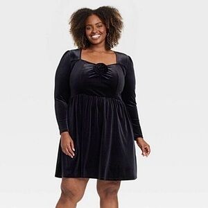 Ava & Viv Black Velvet Long Sleeve Midi Dress with Rosette Appliqué Size XXL NWT